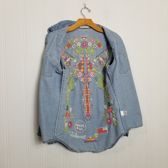 Free People Home Made Denim Shirt Wunderlust Embroidered Sz L - Picture 11 of 15